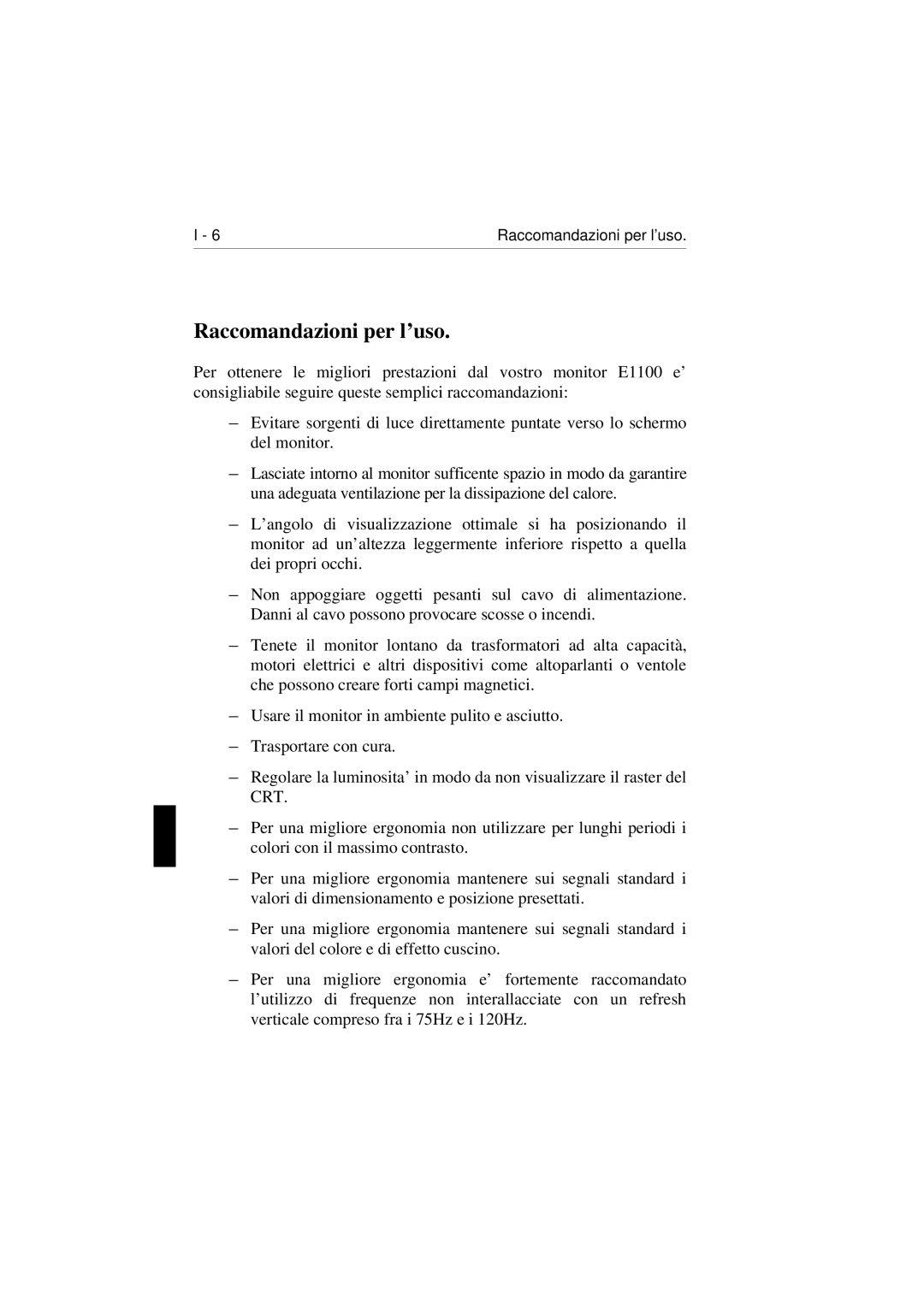 NEC E1100 user manual Raccomandazioni per l’uso 