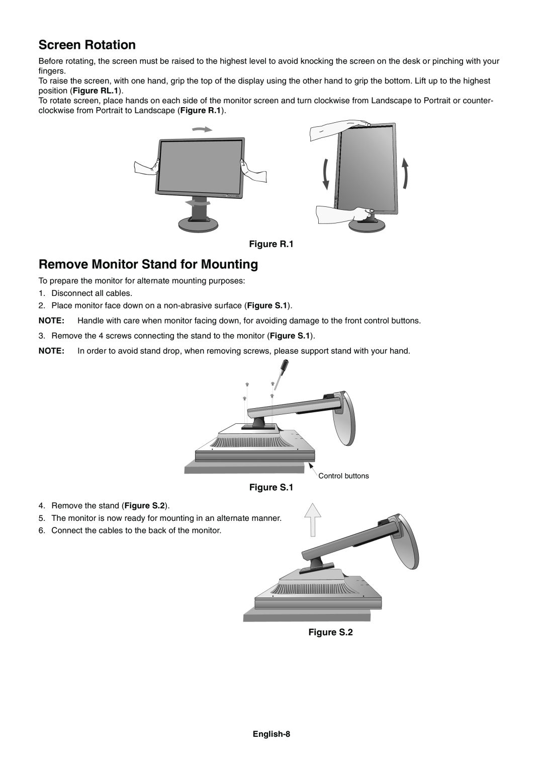 NEC E201W user manual Screen Rotation, Remove Monitor Stand for Mounting, Figure R.1, Figure S.1, Figure S.2 