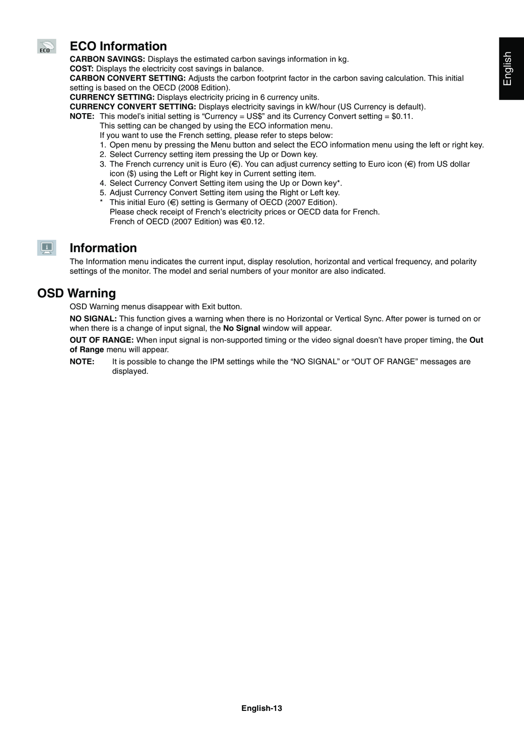 NEC E201W user manual ECO Information, OSD Warning, English-13 