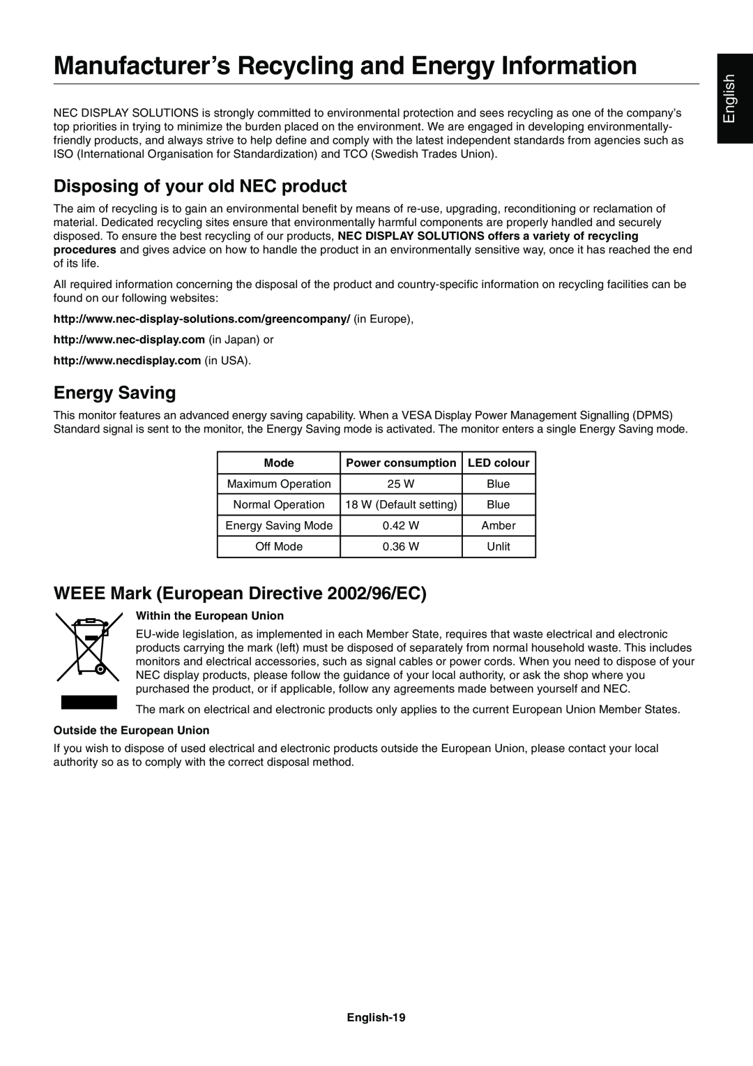 NEC E201W Manufacturer’s Recycling and Energy Information, Disposing of your old NEC product, Energy Saving, English 