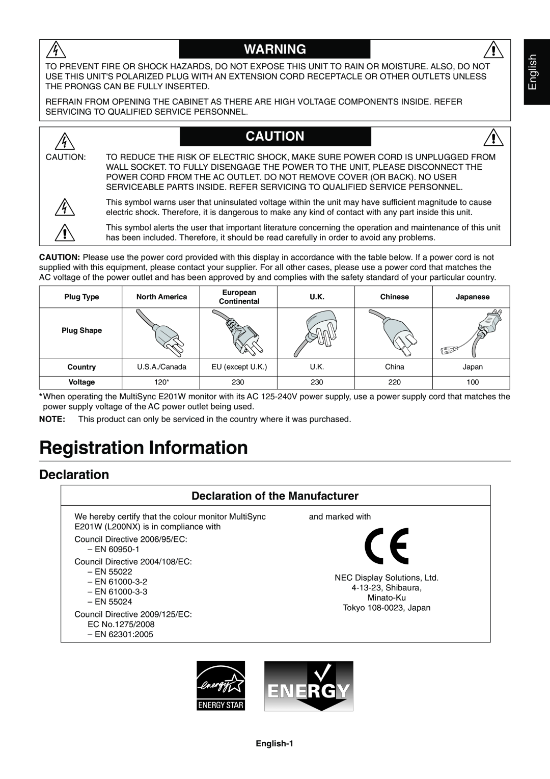 NEC E201W user manual Registration Information, Declaration of the Manufacturer, English 