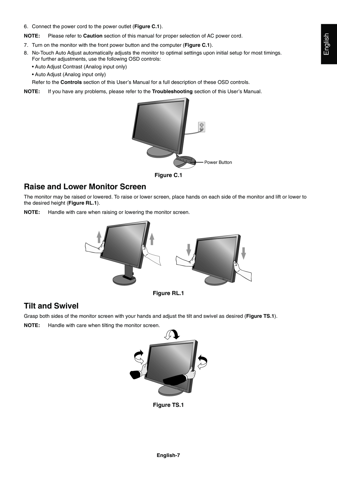 NEC E201W user manual Raise and Lower Monitor Screen, Tilt and Swivel, English, Figure C.1, Figure RL.1, Figure TS.1 