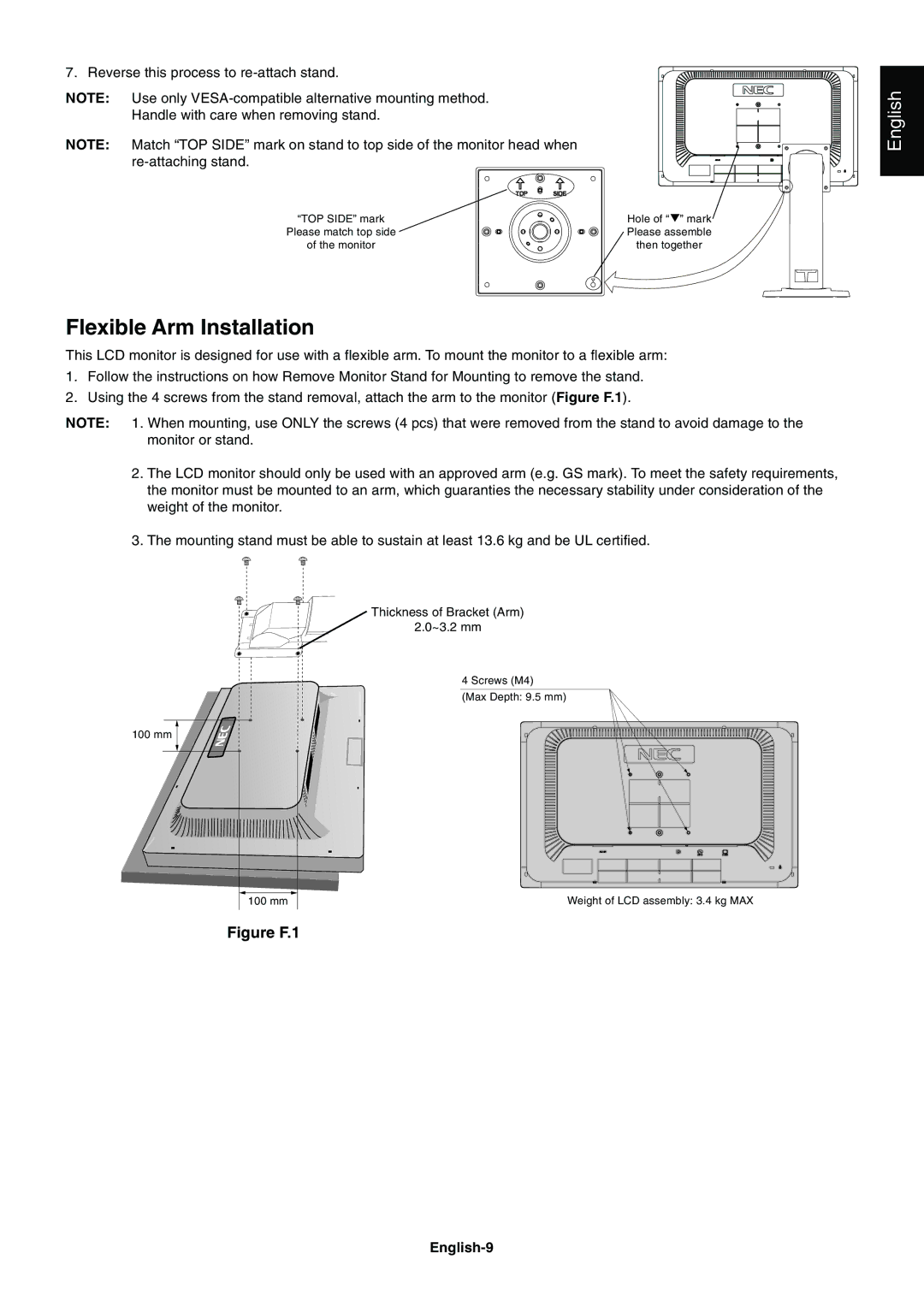 NEC E201W user manual Flexible Arm Installation, English-9 