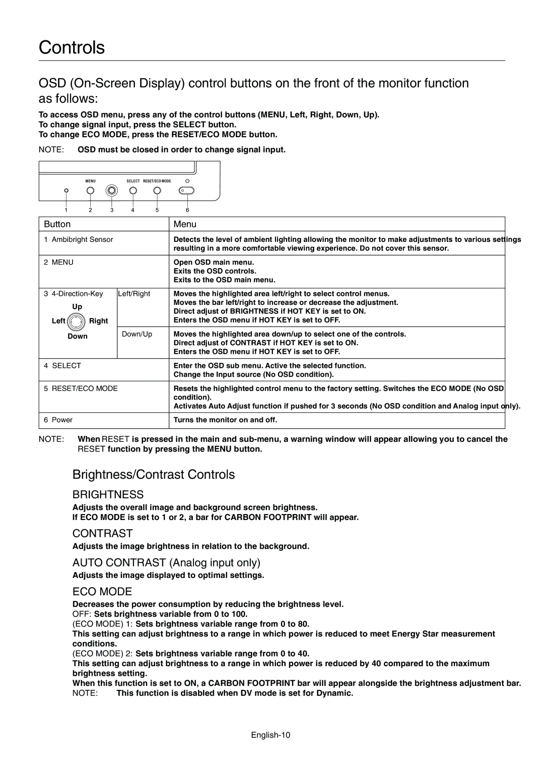 NEC E201W user manual Brightness/Contrast Controls, English-10 