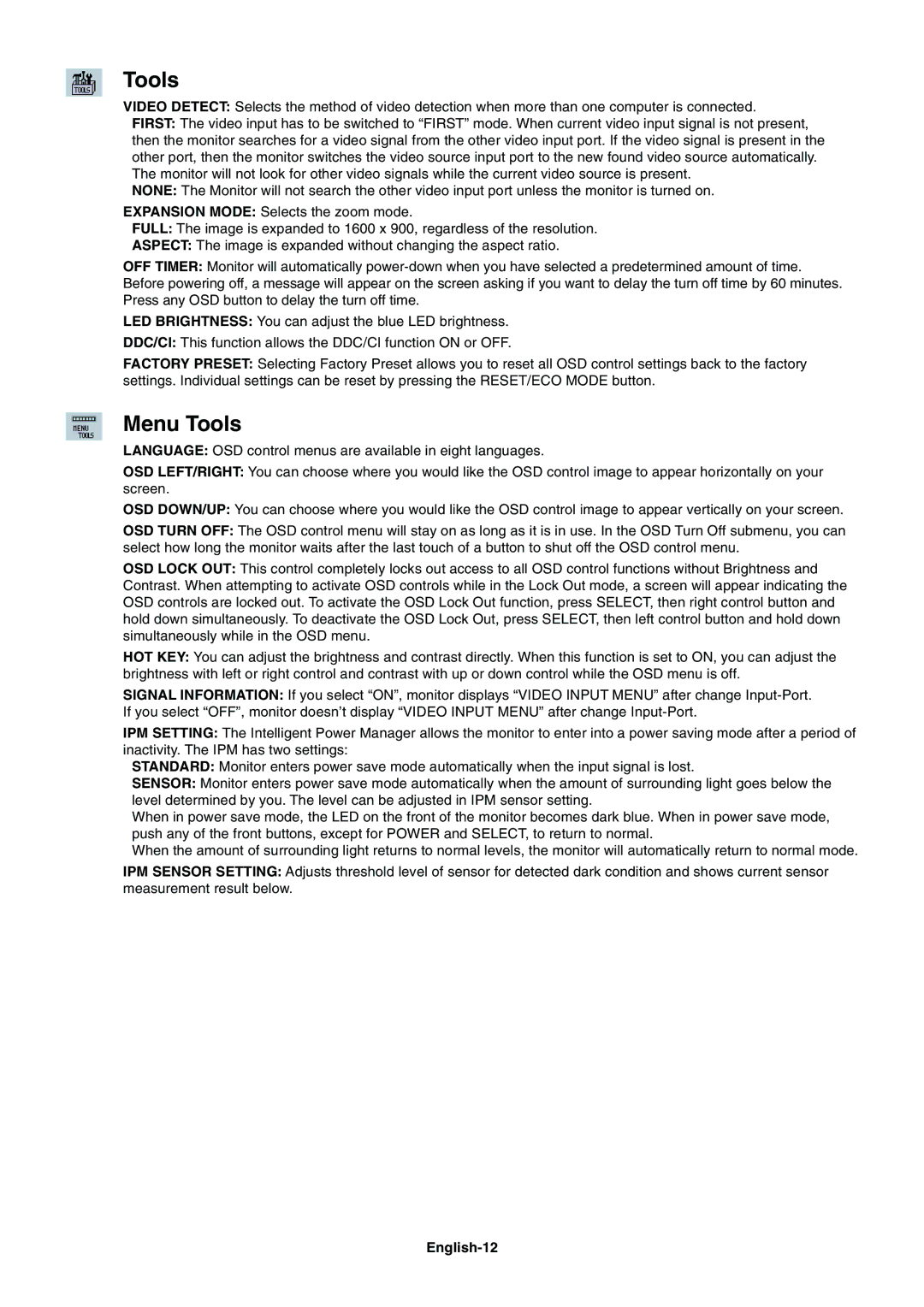 NEC E201W user manual Menu Tools, English-12 