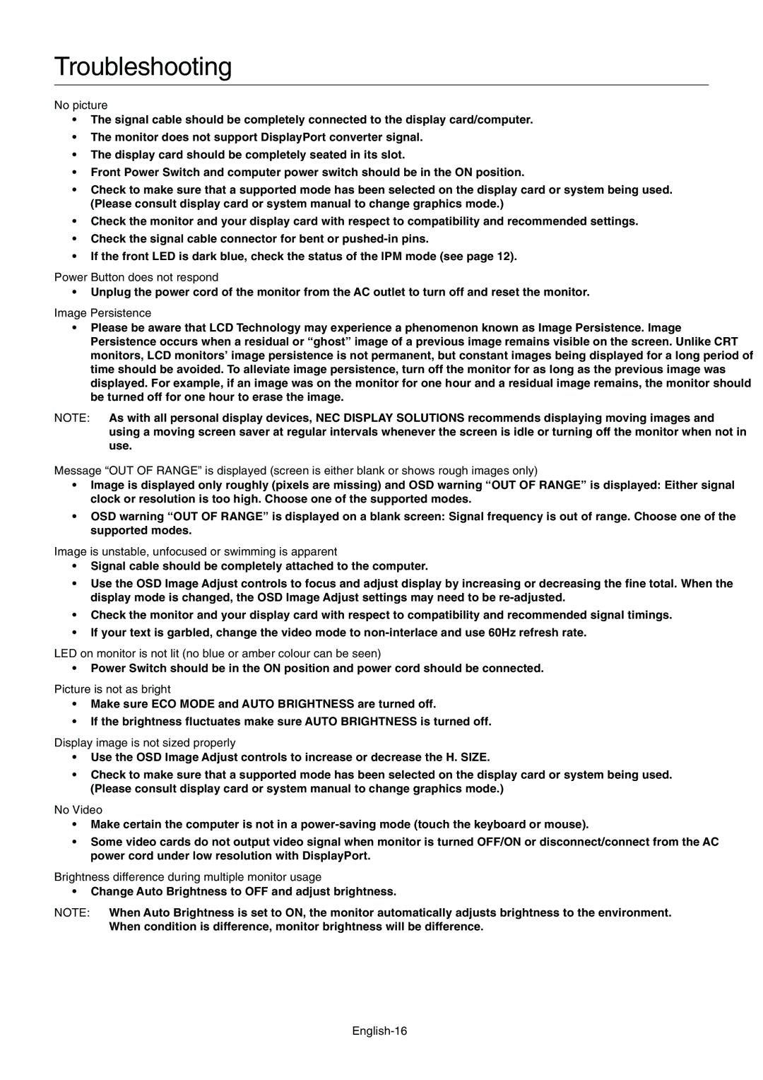 NEC E201W user manual Troubleshooting 