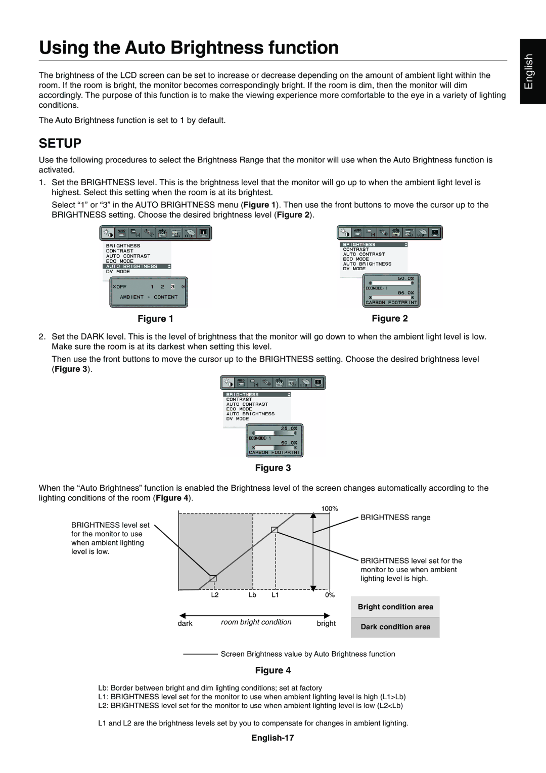 NEC E201W user manual Using the Auto Brightness function, English-17 