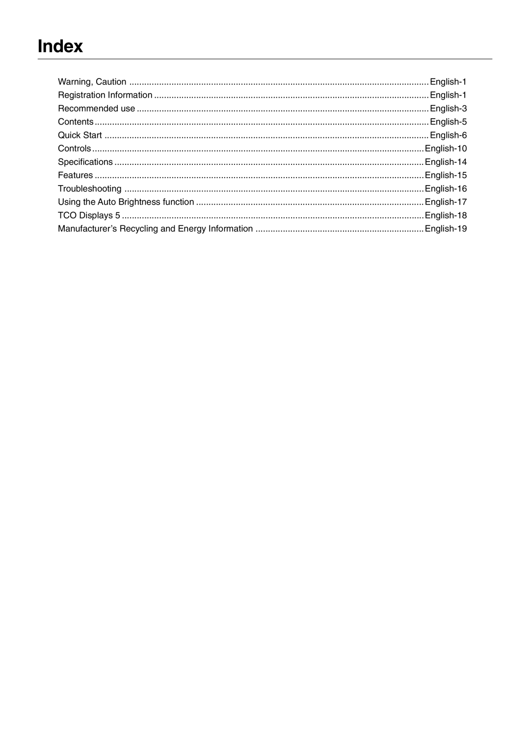 NEC E201W user manual Index, English-19 