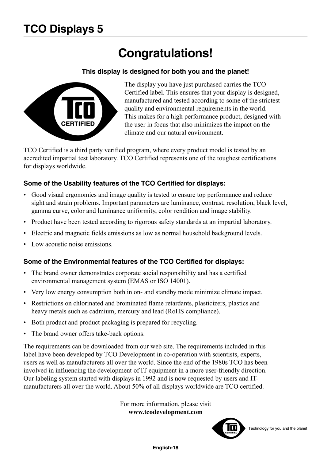 NEC E201W user manual TCO Displays, English-18 