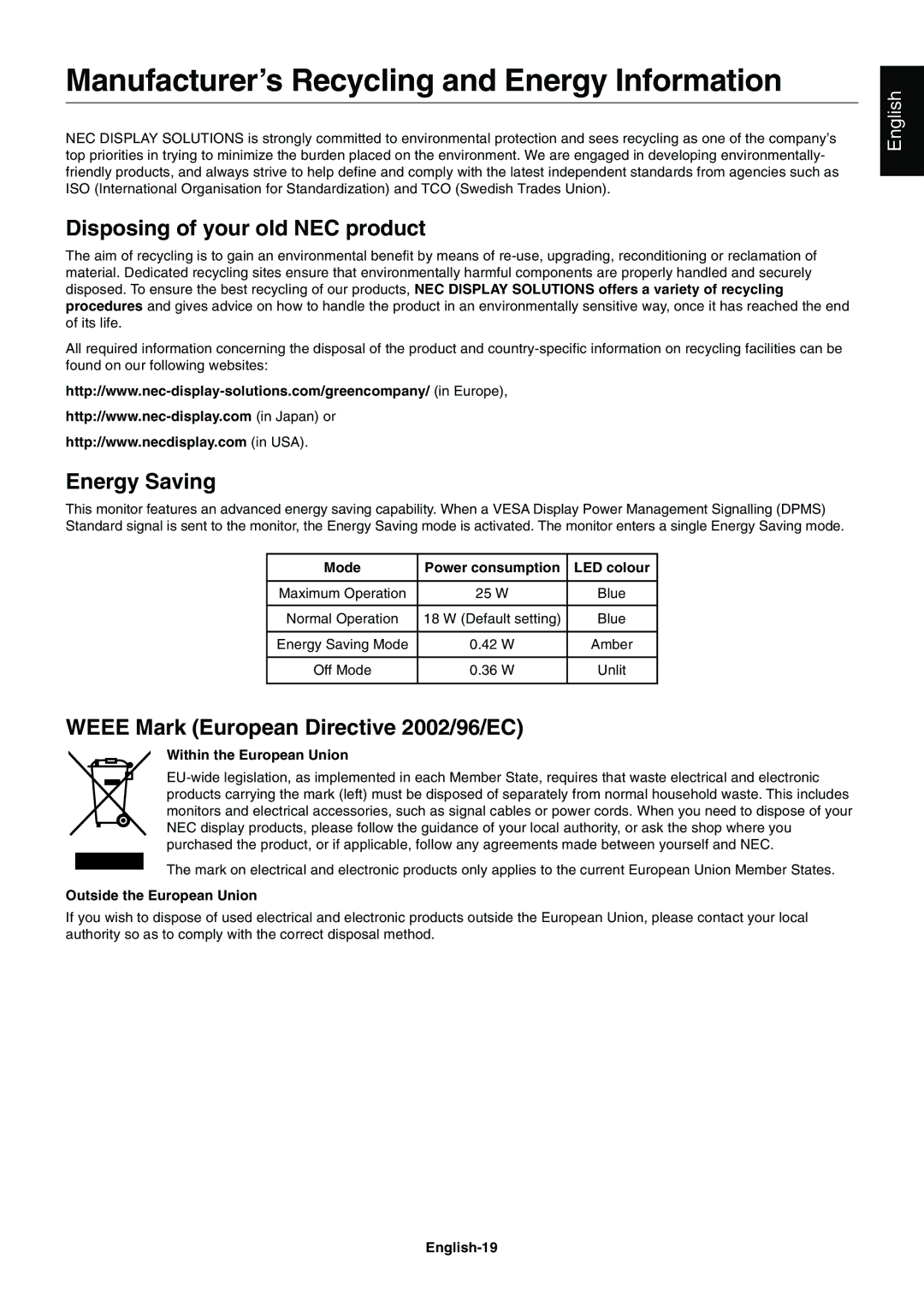 NEC E201W user manual Manufacturer’s Recycling and Energy Information, Disposing of your old NEC product, Energy Saving 