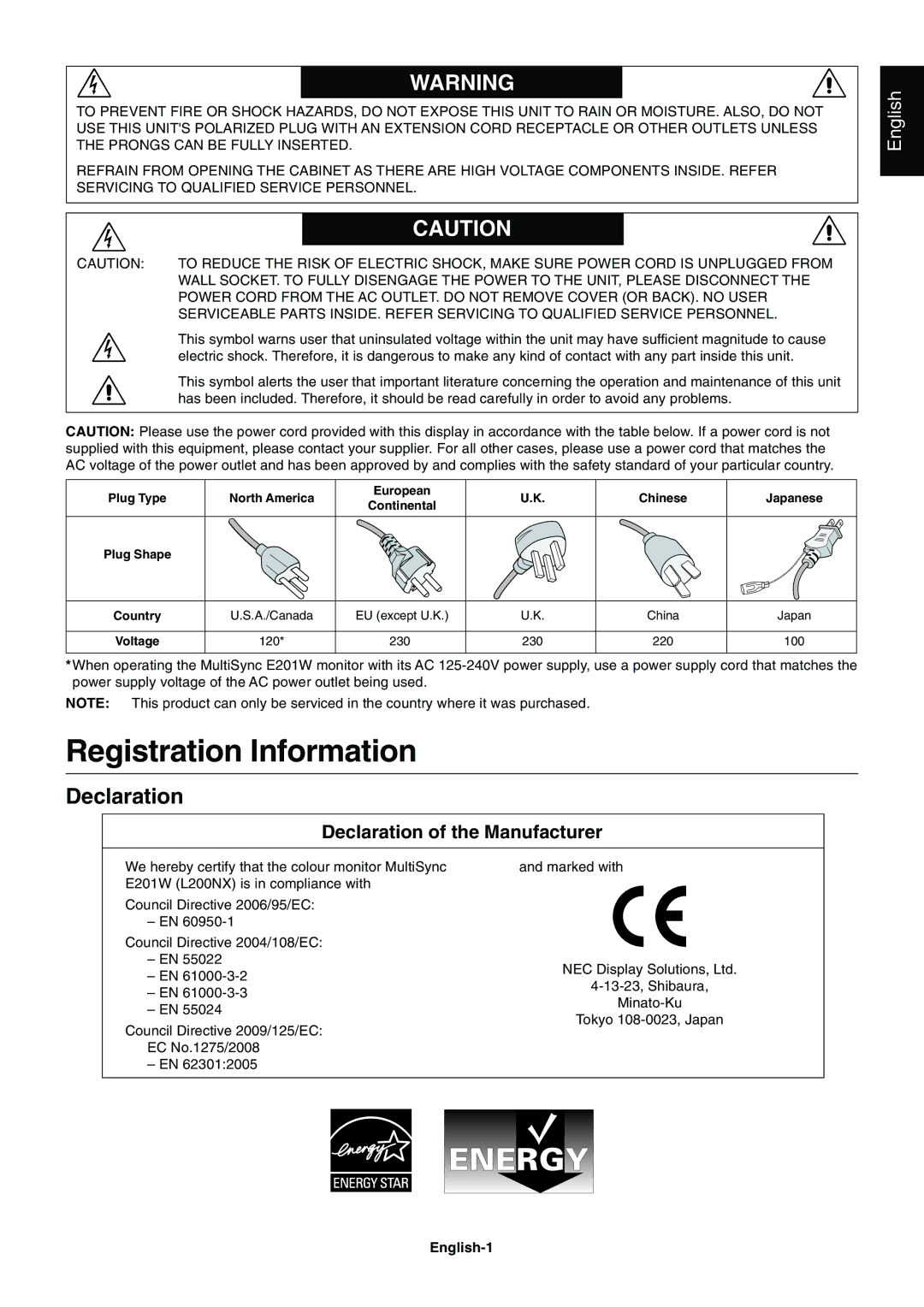 NEC E201W user manual Registration Information, Declaration, English-1 