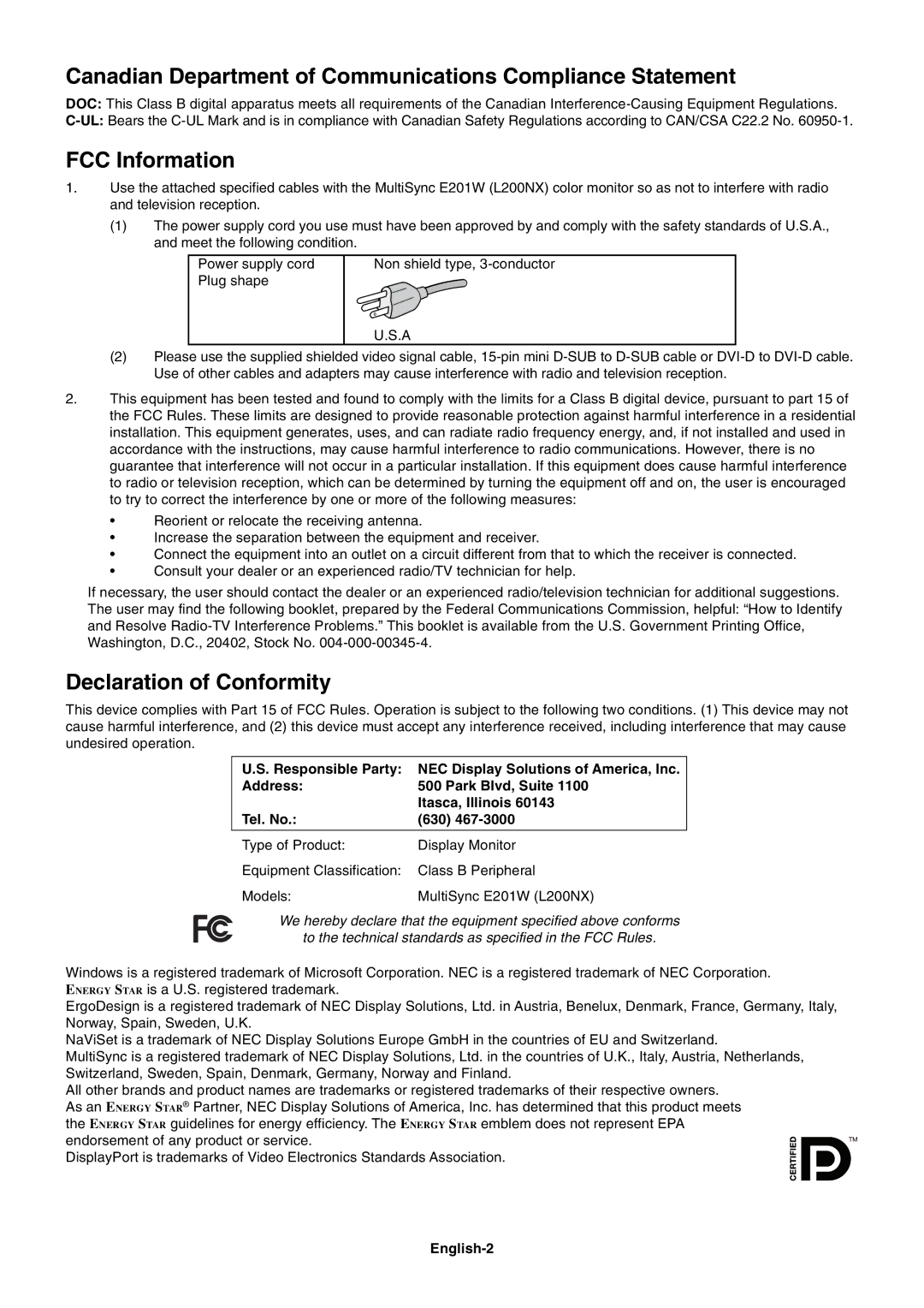 NEC E201W Canadian Department of Communications Compliance Statement, FCC Information, Declaration of Conformity 