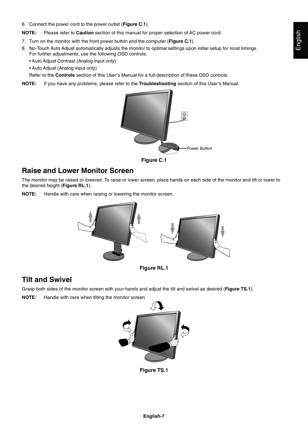 NEC E201W user manual Raise and Lower Monitor Screen, Tilt and Swivel, English-7 