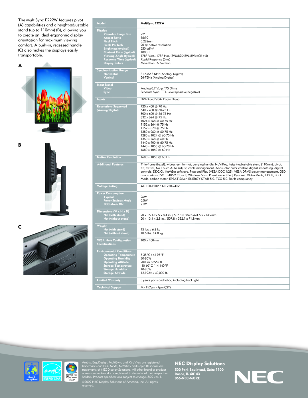 NEC E222W warranty A B C, NEC Display Solutions, Park Boulevard, Suite Itasca, IL 866-NEC-MORE 