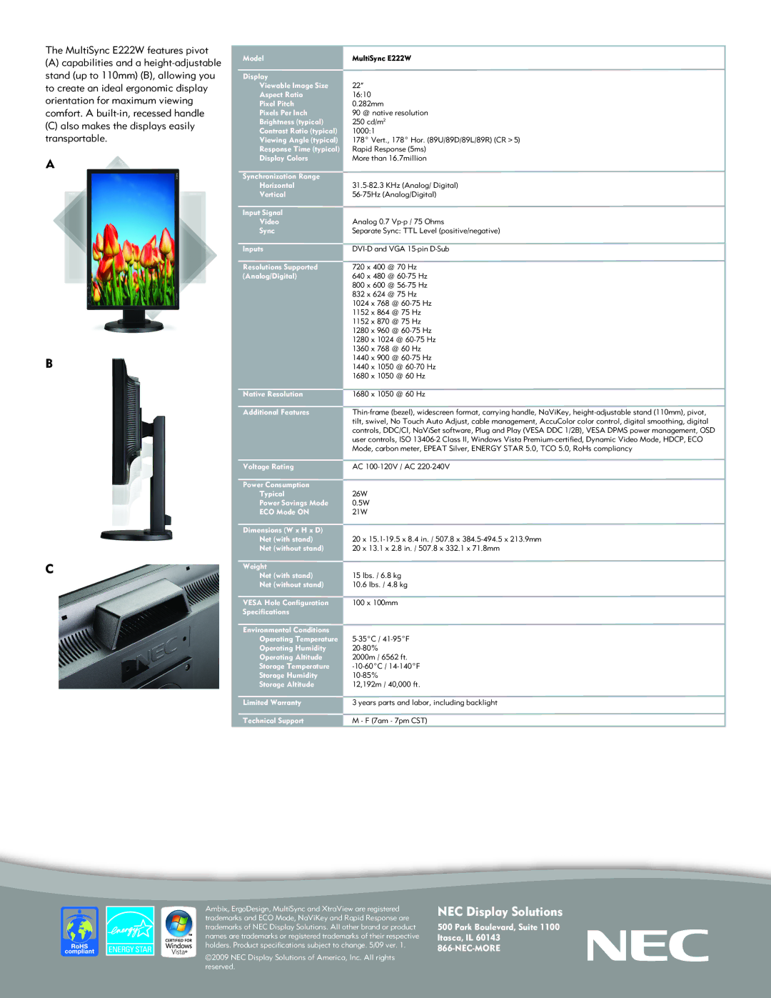 NEC E222W warranty NEC Display Solutions 