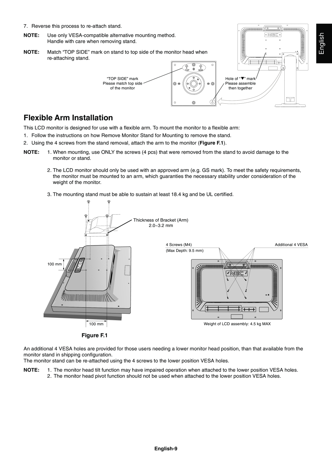 NEC E231W-BK user manual Flexible Arm Installation, English, Figure F.1 