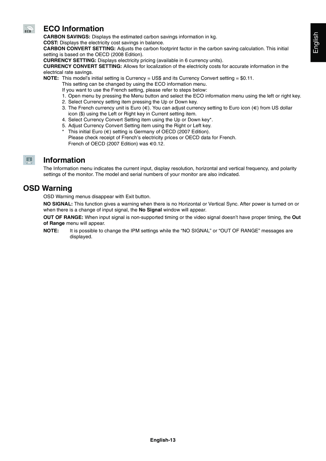 NEC E231W-BK user manual ECO Information, OSD Warning, English-13 