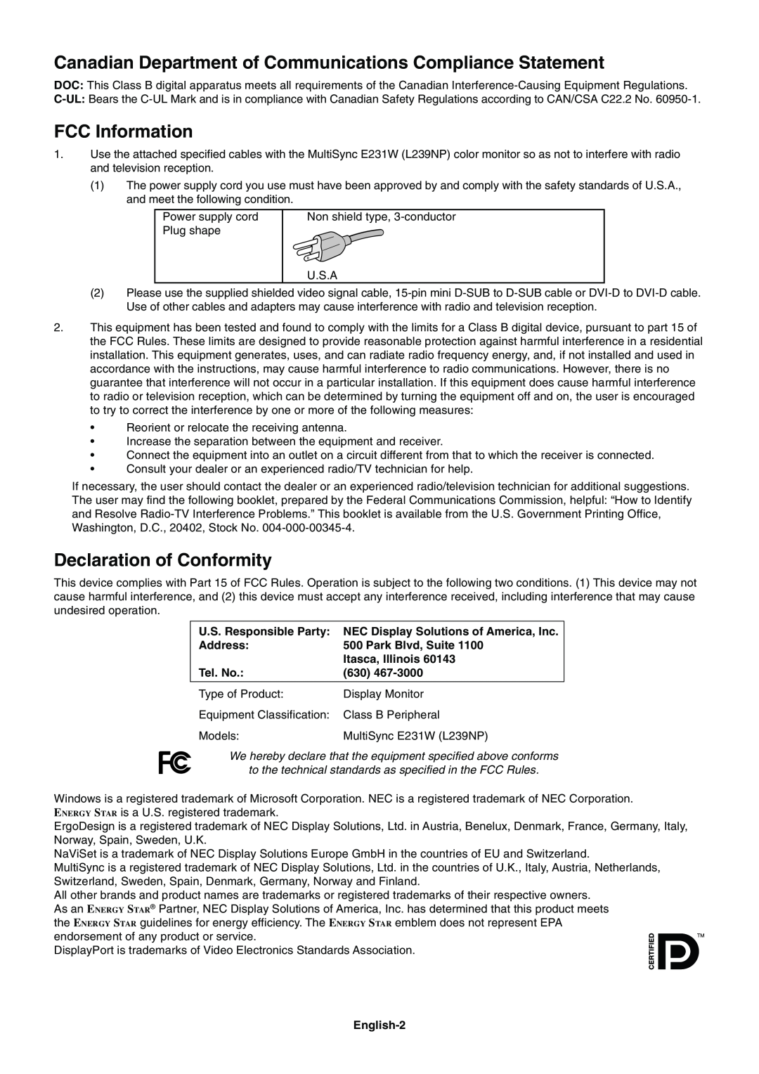 NEC E231W-BK Canadian Department of Communications Compliance Statement, FCC Information, Declaration of Conformity 