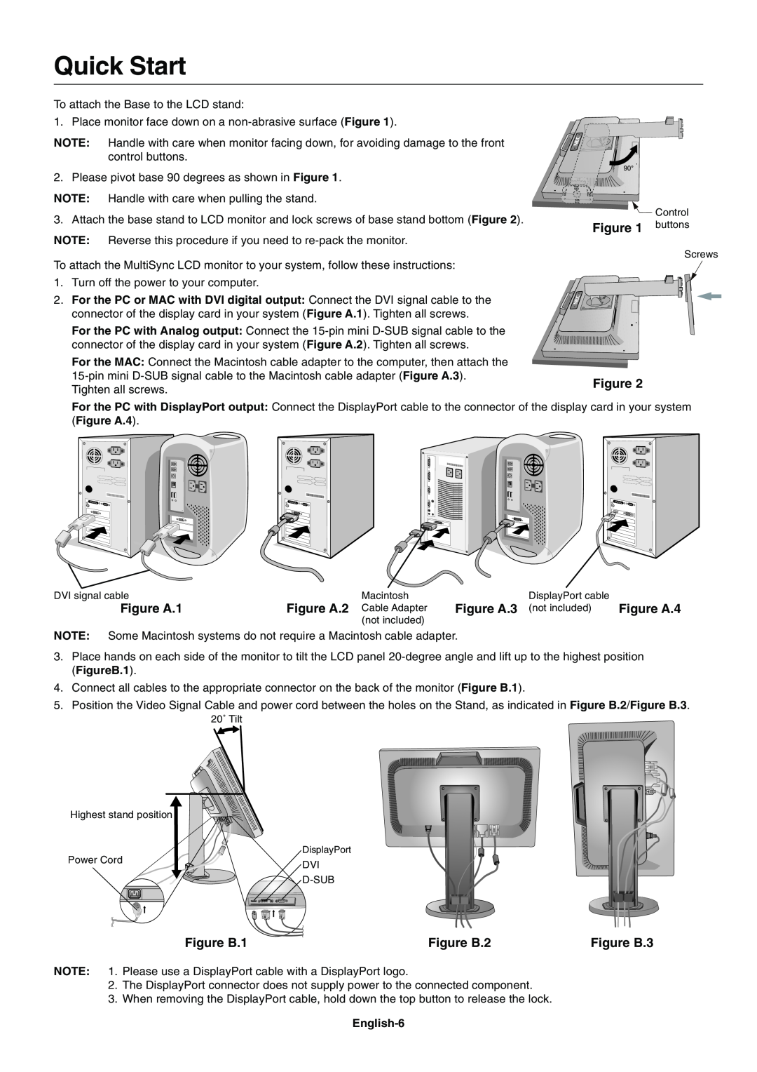NEC E231W-BK user manual Quick Start, Figure A.1, Figure A.4, Figure B.1, Figure B.2, Figure B.3 