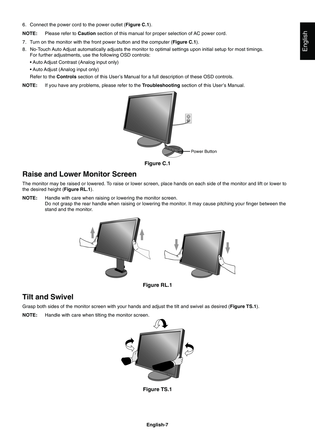 NEC E231W-BK user manual Raise and Lower Monitor Screen, Tilt and Swivel, English, Figure C.1, Figure RL.1, Figure TS.1 