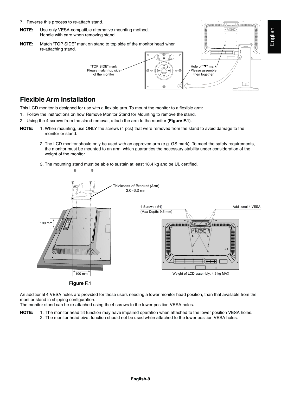 NEC E231W-BK user manual Flexible Arm Installation, English-9 