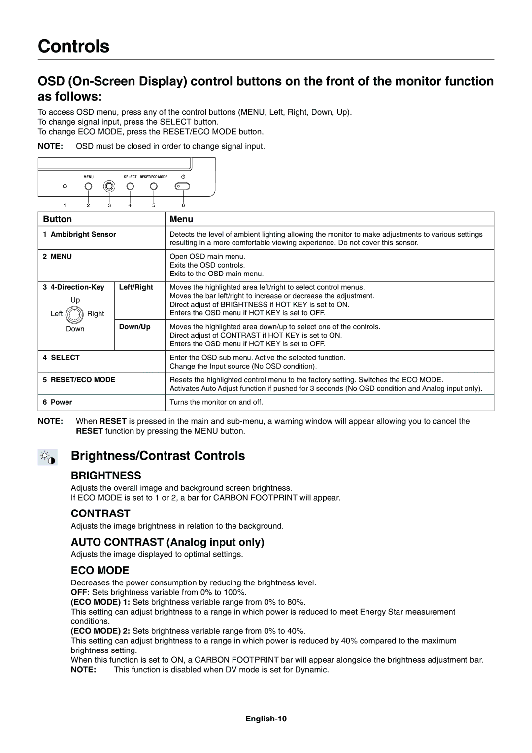 NEC E231W-BK user manual Brightness/Contrast Controls, English-10 