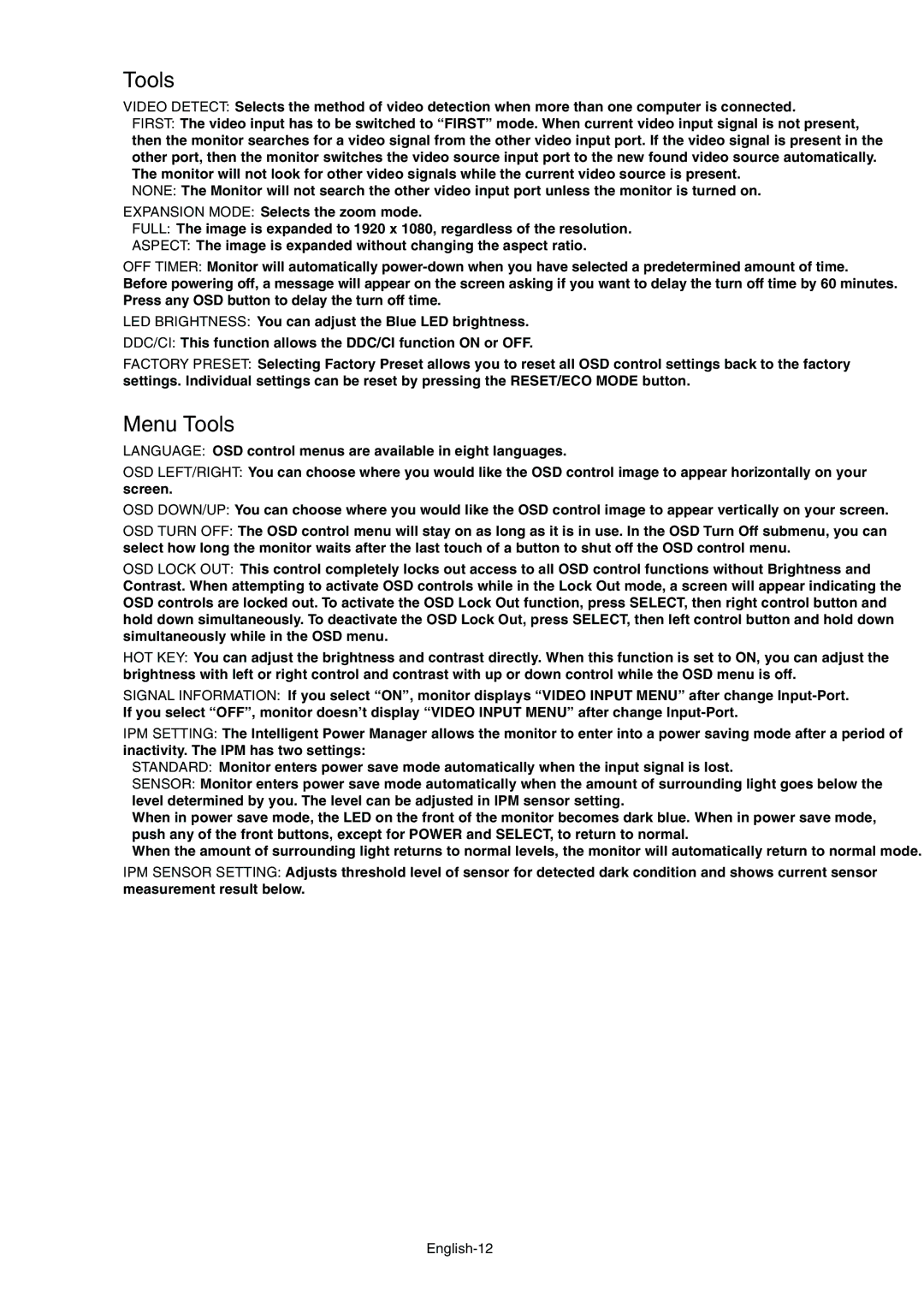 NEC E231W-BK user manual Menu Tools, English-12 