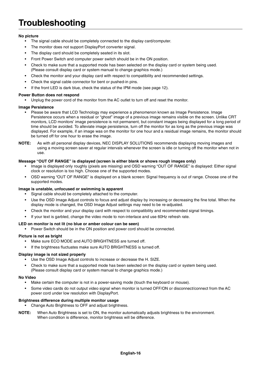 NEC E231W-BK user manual Troubleshooting 