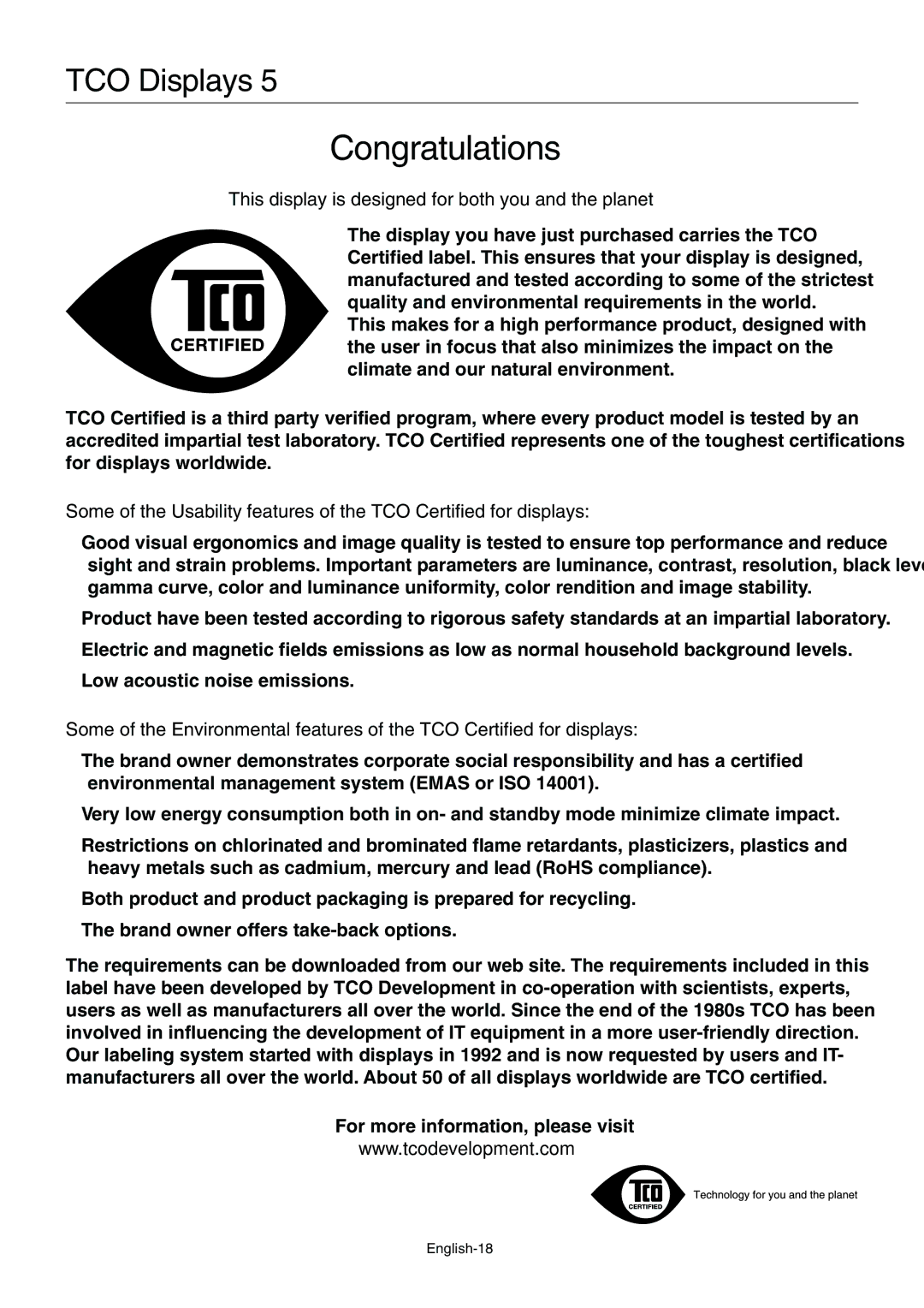 NEC E231W-BK user manual TCO Displays, English-18 