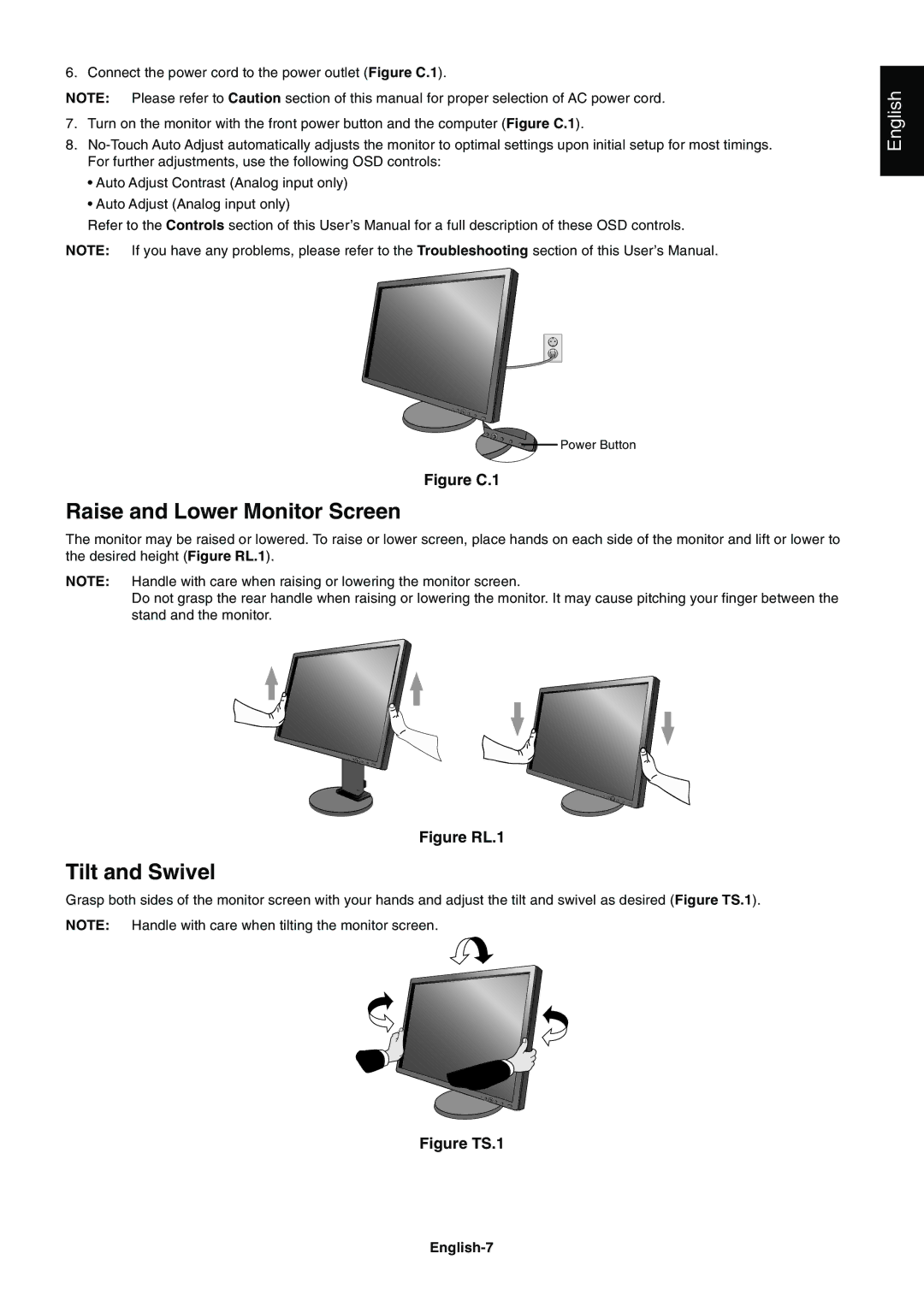 NEC E231W-BK user manual Raise and Lower Monitor Screen, Tilt and Swivel, English-7 