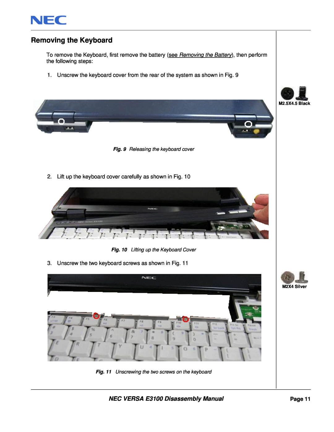 NEC manual Removing the Keyboard, NEC VERSA E3100 Disassembly Manual, Releasing the keyboard cover 
