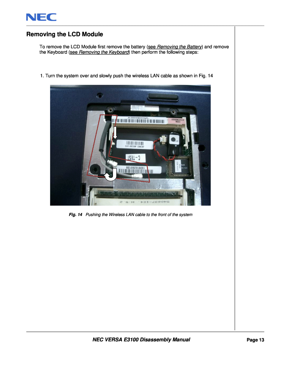 NEC manual Removing the LCD Module, NEC VERSA E3100 Disassembly Manual 