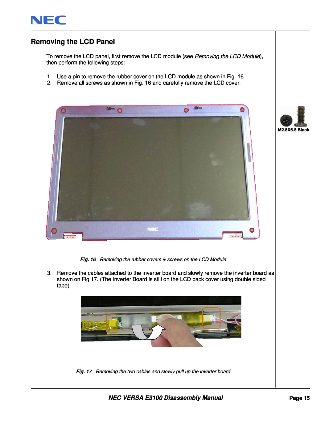 NEC manual Removing the LCD Panel, NEC VERSA E3100 Disassembly Manual 