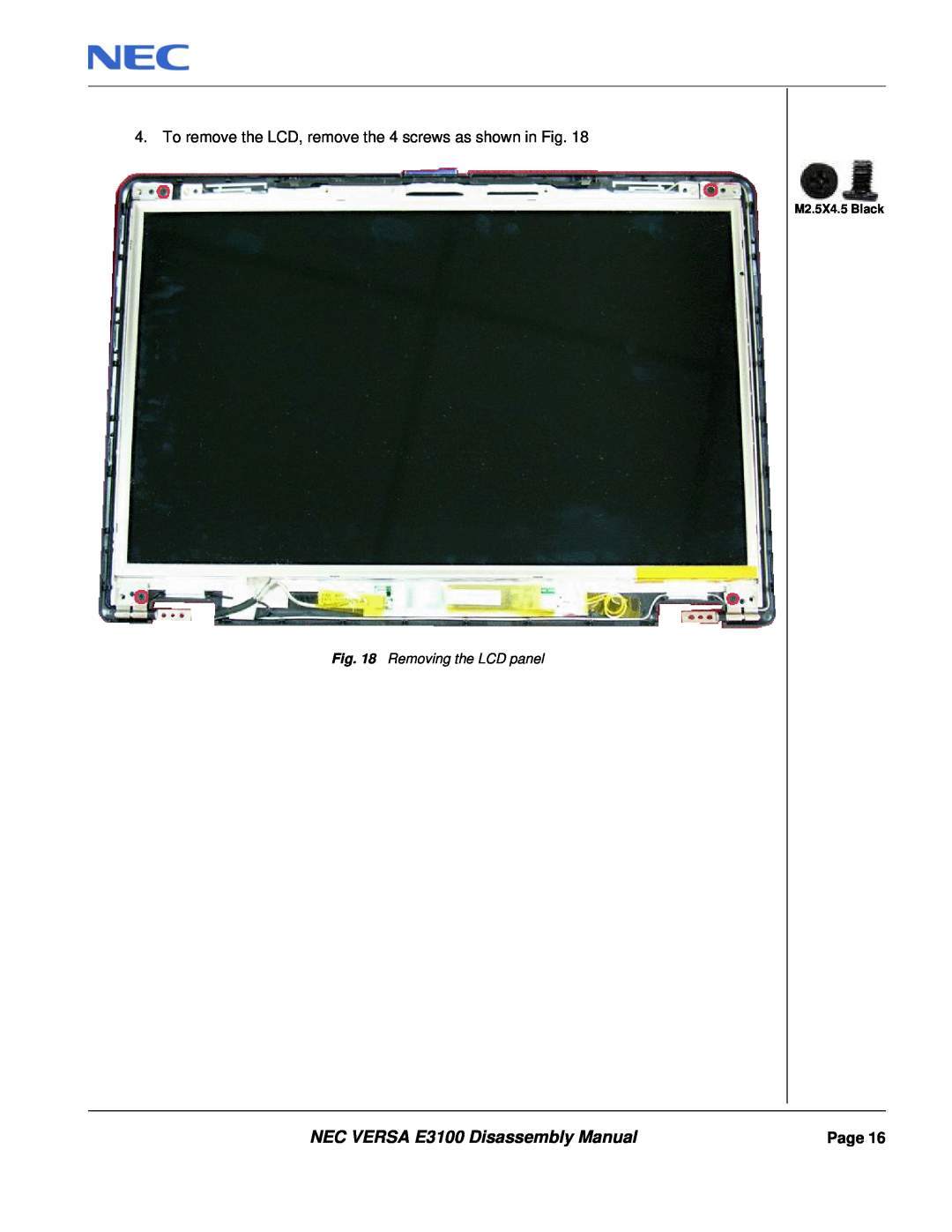 NEC manual NEC VERSA E3100 Disassembly Manual, Removing the LCD panel, Page, M2.5X4.5 Black 
