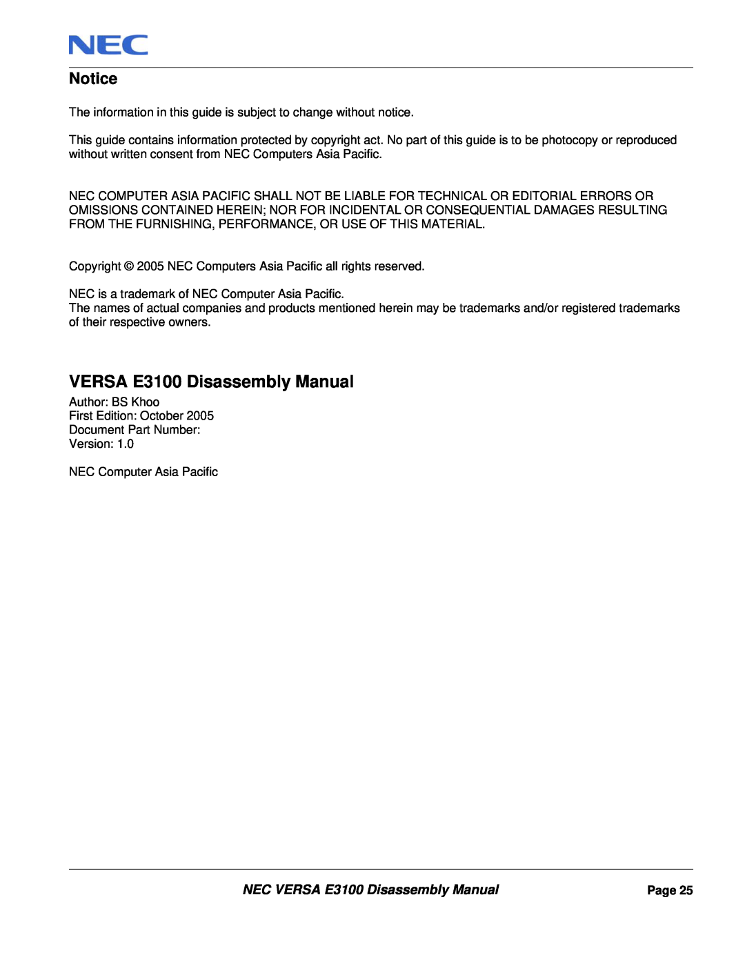 NEC manual Notice, NEC VERSA E3100 Disassembly Manual 