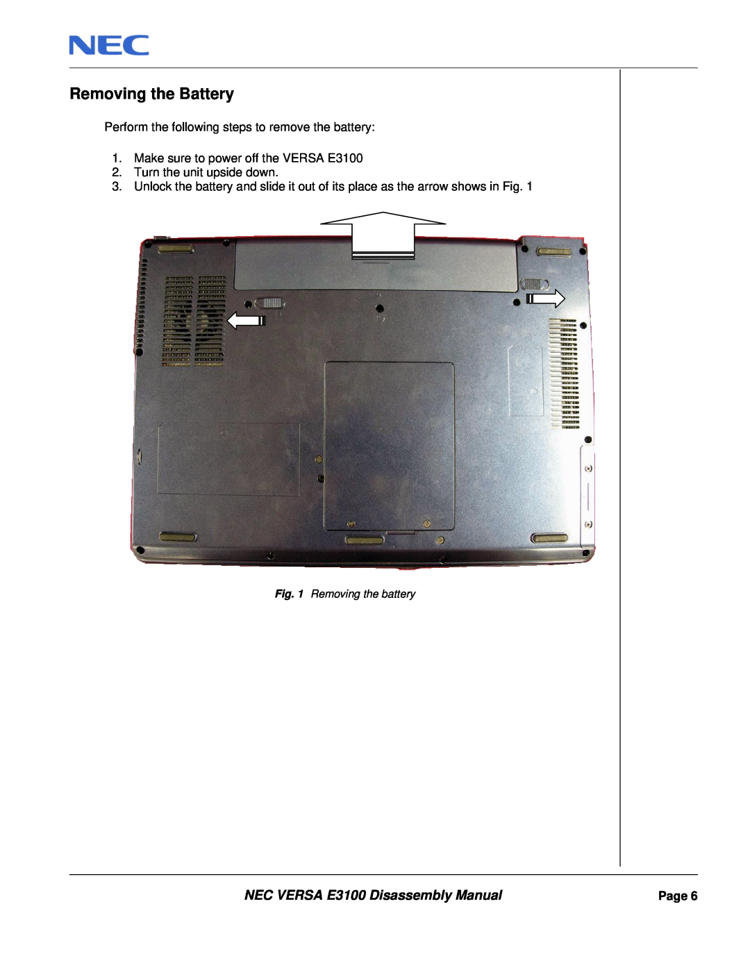 NEC Removing the Battery, NEC VERSA E3100 Disassembly Manual, Perform the following steps to remove the battery, Page 