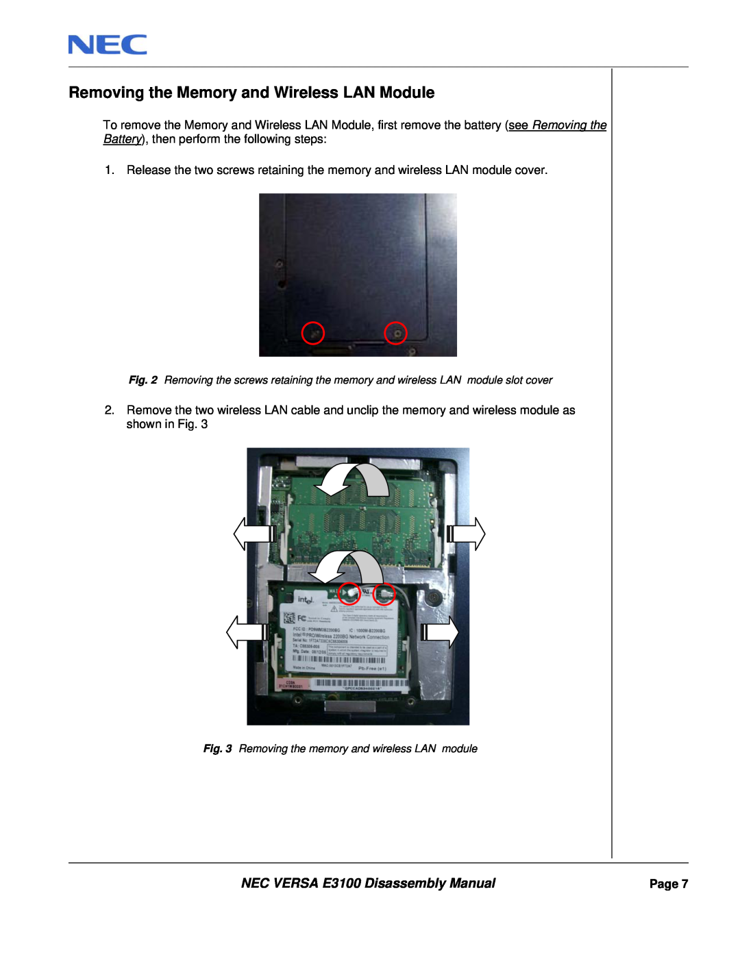 NEC manual Removing the Memory and Wireless LAN Module, NEC VERSA E3100 Disassembly Manual 