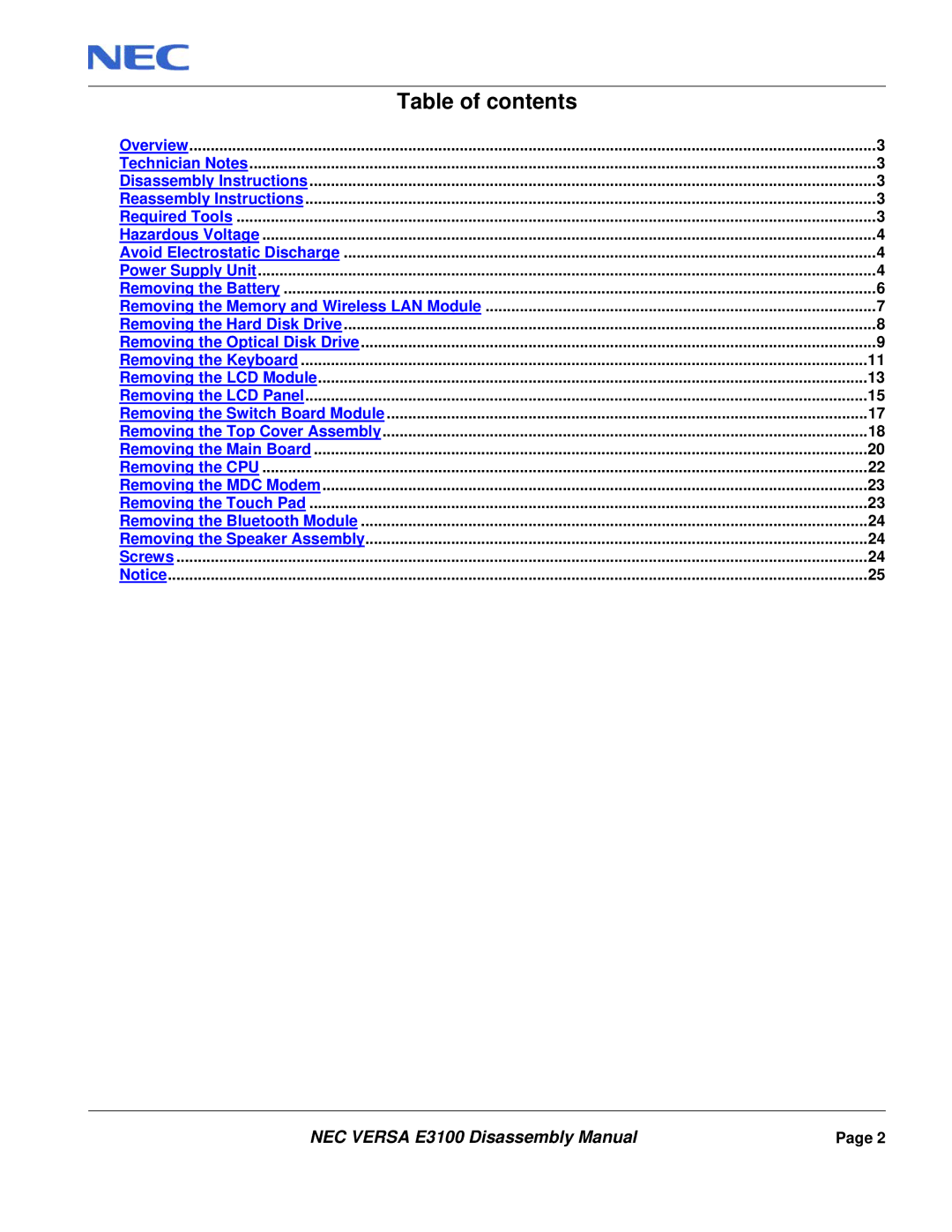 NEC E3100 manual Table of contents 