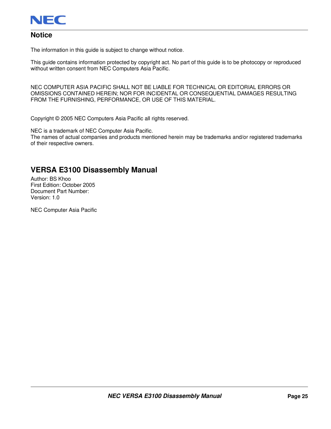 NEC manual Versa E3100 Disassembly Manual 