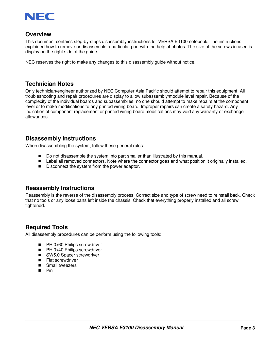 NEC E3100 manual Overview, Technician Notes, Disassembly Instructions, Reassembly Instructions, Required Tools 