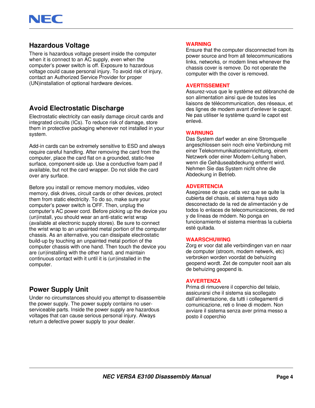 NEC E3100 manual Hazardous Voltage, Avoid Electrostatic Discharge, Power Supply Unit 