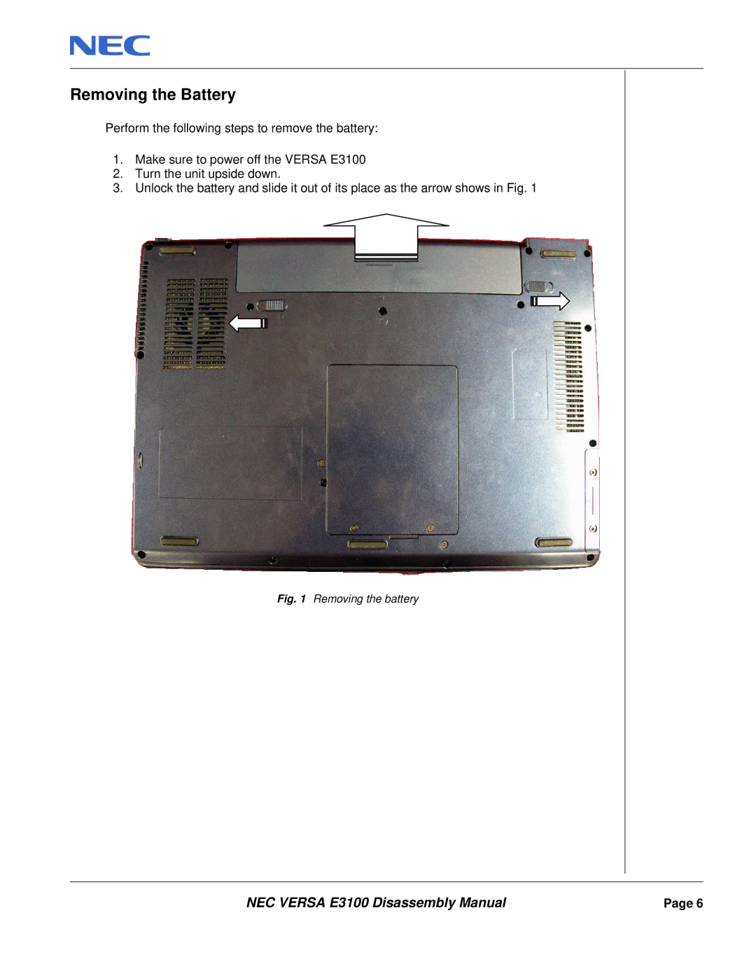 NEC E3100 manual Removing the Battery, Removing the battery 