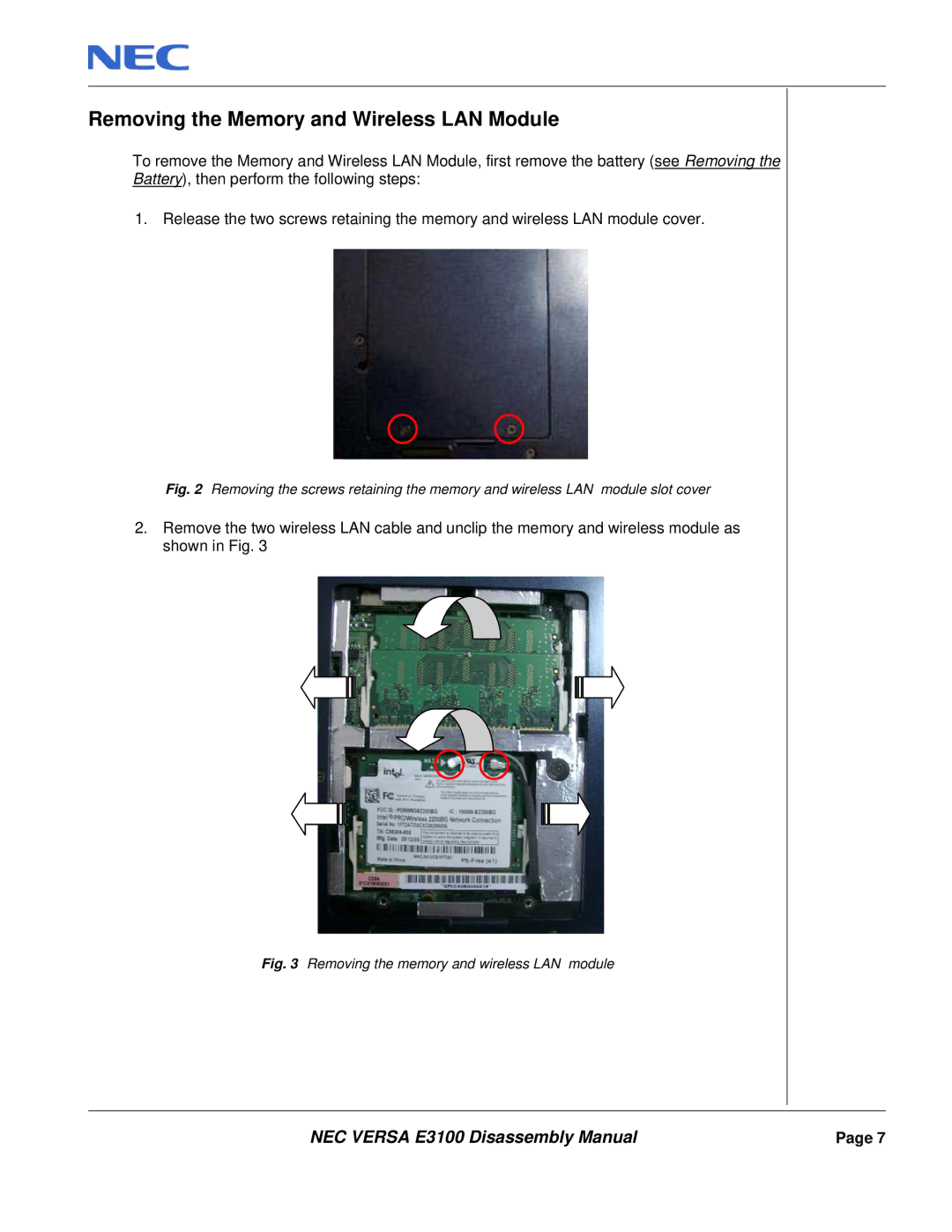 NEC E3100 manual Removing the Memory and Wireless LAN Module, Removing the memory and wireless LAN module 