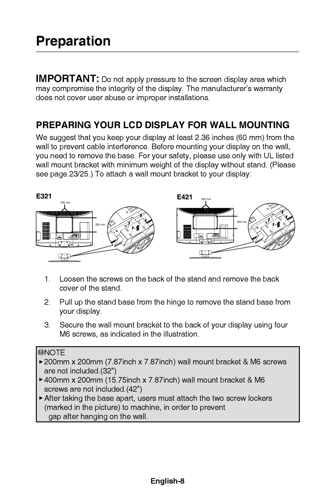 NEC E421, E321 user manual Preparation, English-8 