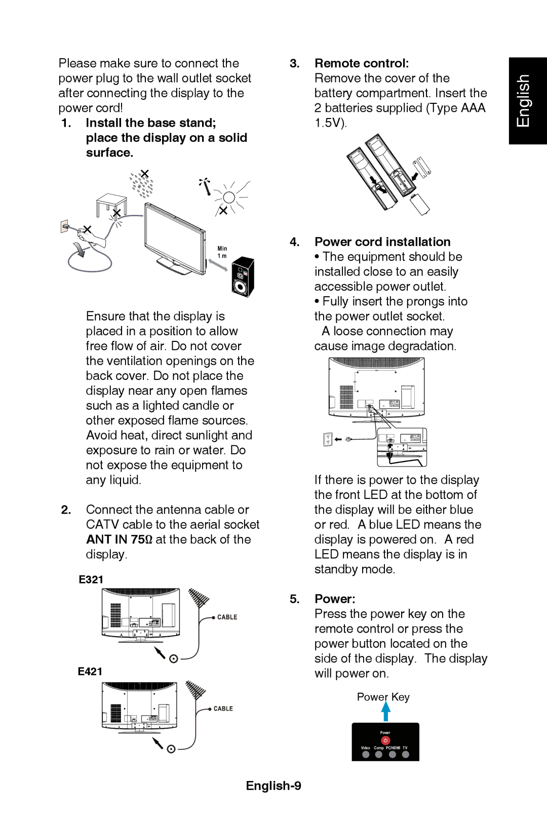 NEC E321 Install the base stand place the display on a solid surface, Remote control, Power cord installation, English-9 