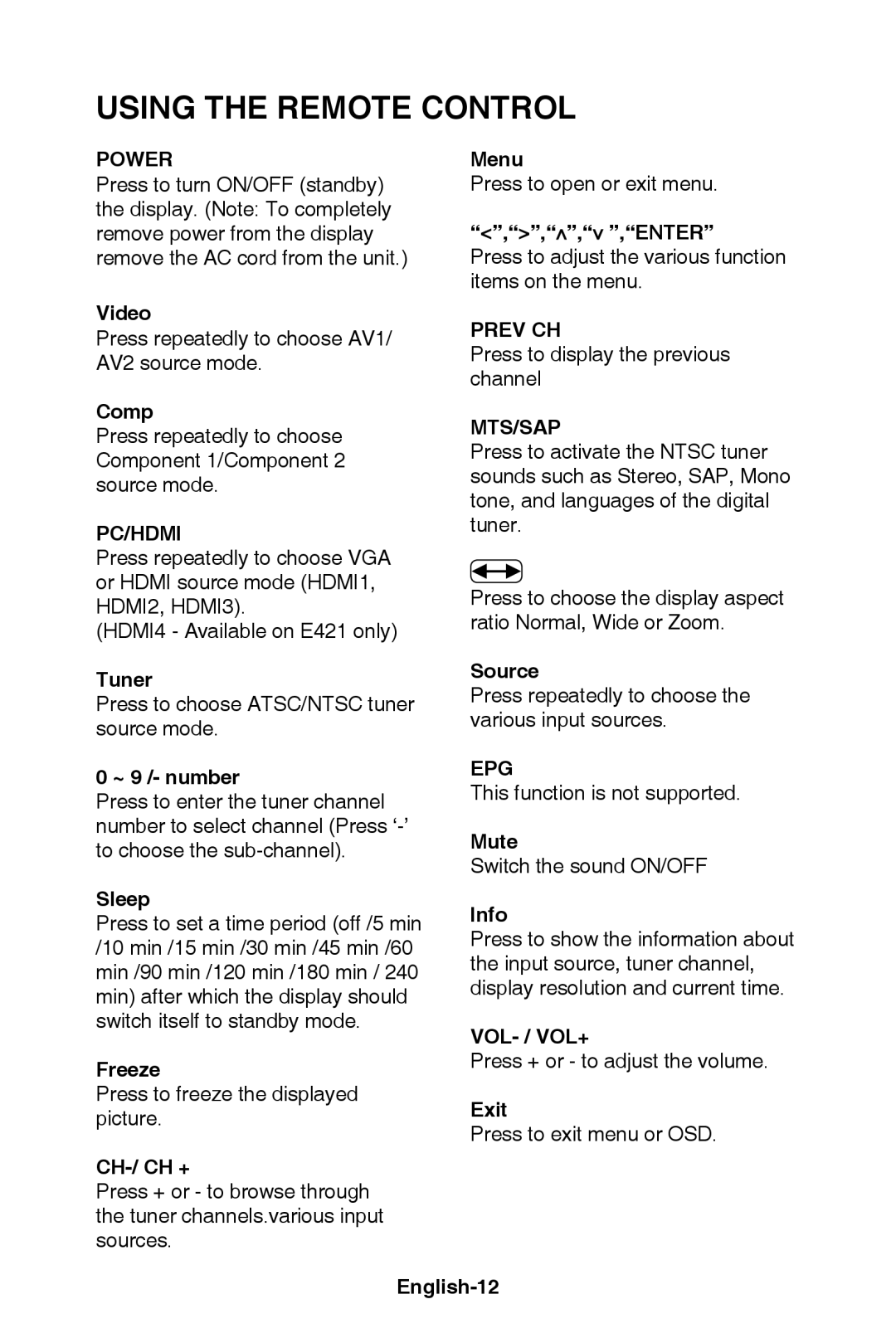 NEC E421 Menu, Enter, Video, Comp, Tuner Source, ~ 9 /- number, Mute, Sleep Info, Freeze, Exit, Ch-/ Ch +, English-12 