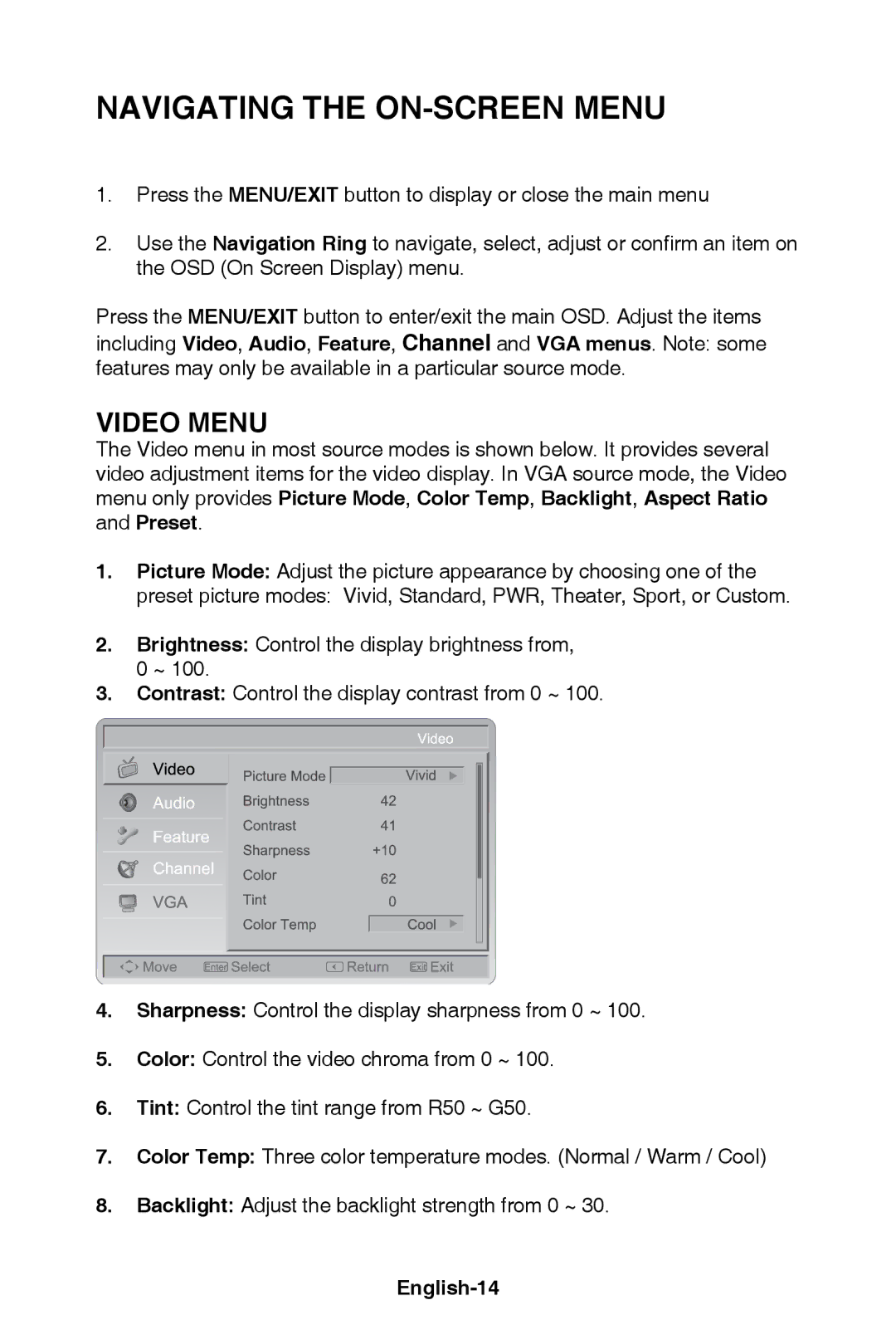 NEC E421, E321 user manual Video Menu, English-14 