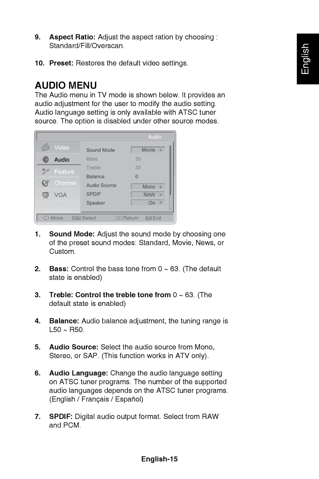 NEC E321, E421 user manual Audio Menu, English-15 