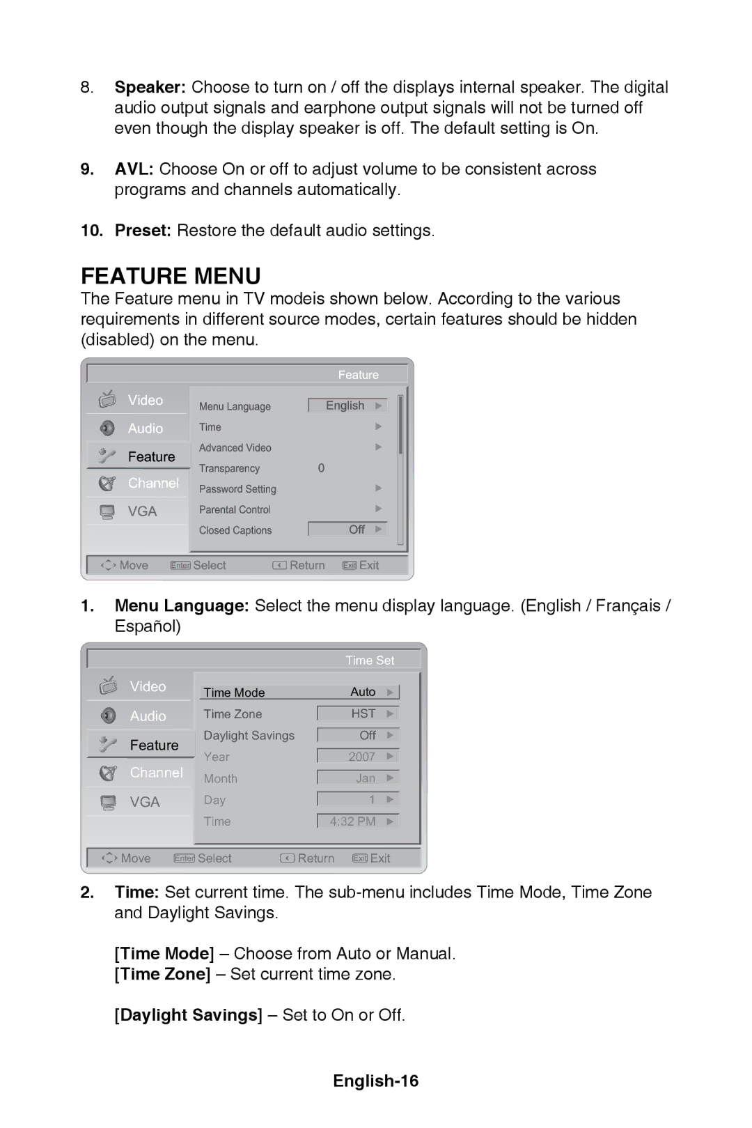 NEC E421, E321 user manual Feature Menu, Daylight Savings Set to On or Off English-16 