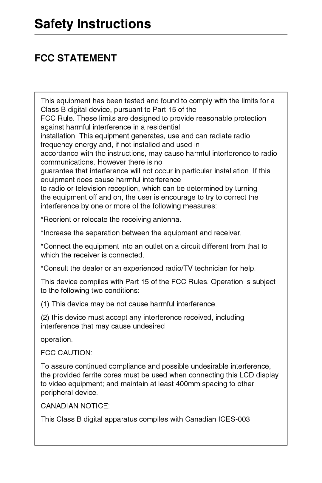 NEC E321, E421 user manual Safety Instructions, FCC Statement, FCC Caution, Canadian Notice 